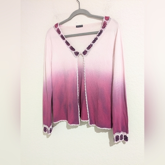 Vintage Pink And Purple Ombre Floral Crochet Knit Open Cardigan Cottagecore - Picture 4 of 11